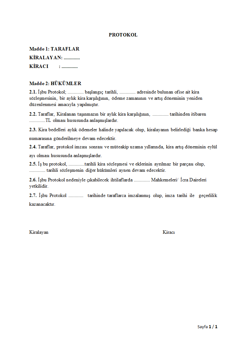 kira sözleşmesi protokolü: kira bedeli, ödeme zamanı ve artış dönemine ...