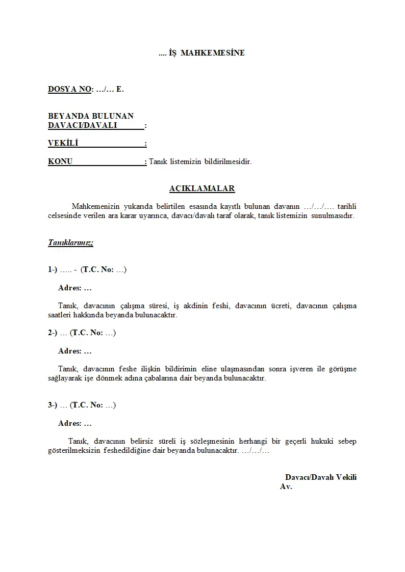iş mahkemesi davasında tanık listesinin bildirilmesi hakkındaki