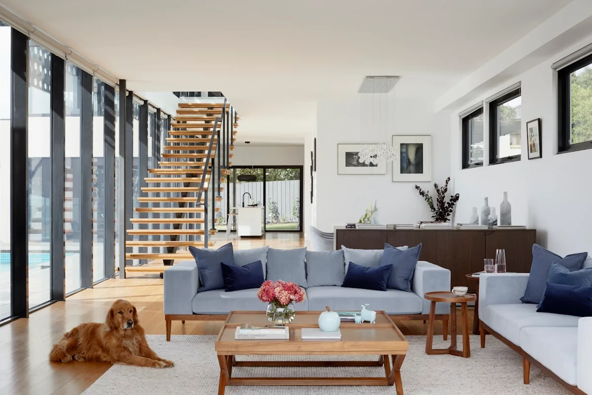 Light filled contemporary interior with natural materials