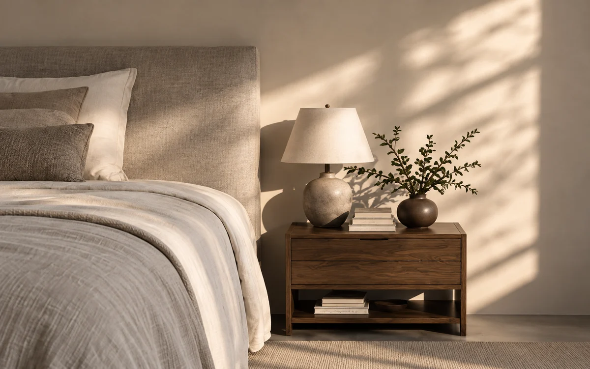 Illustrative bedroom with quiet textures and a simple, considered layout