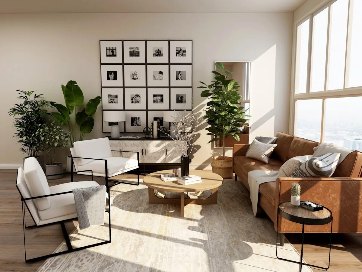 Comfortable neutral living room with textured furnishings